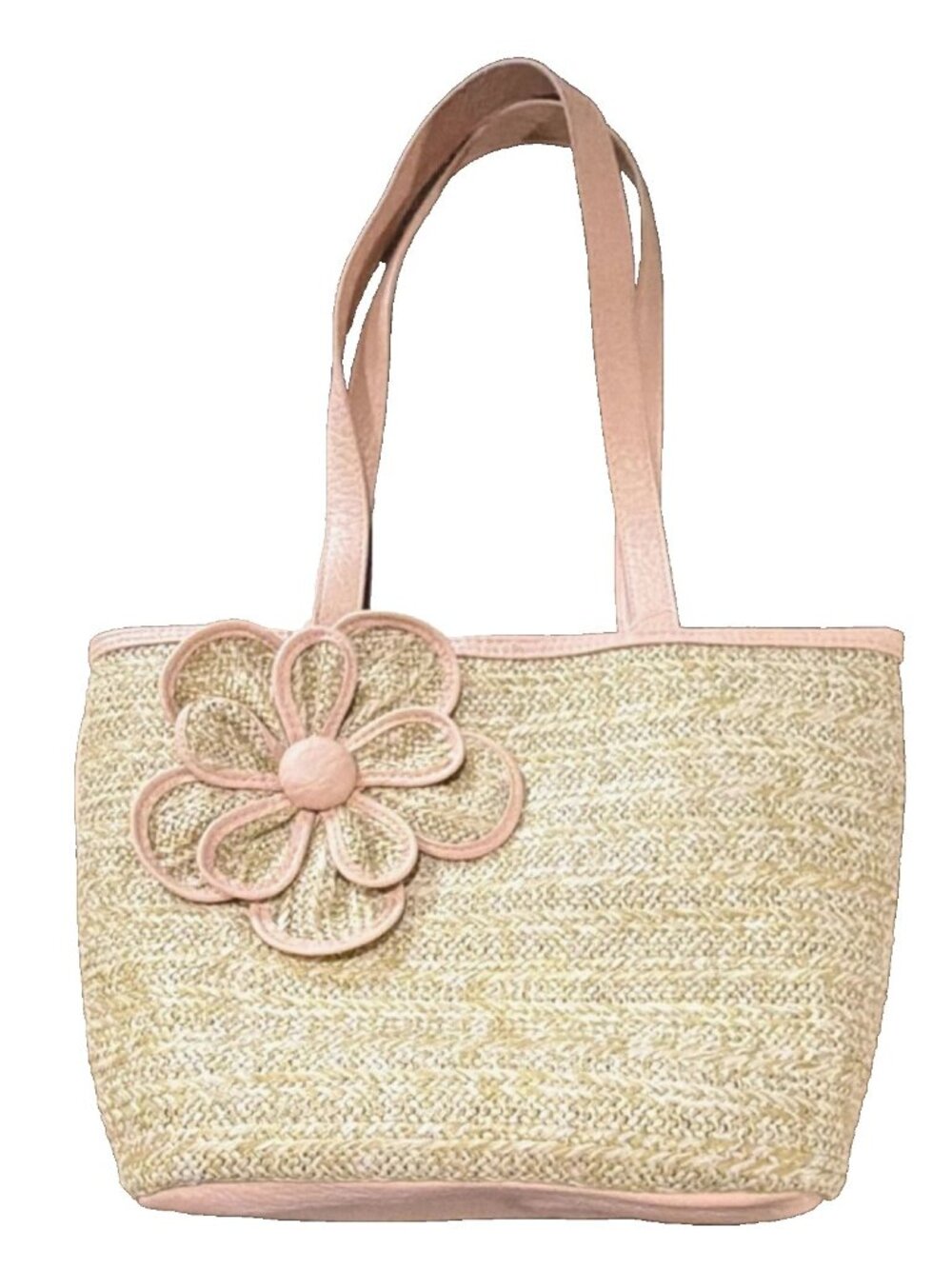 Bueno Straw Tote Bag Pink Faux Leather Trim, Straps, Bottom Large Flower Accent